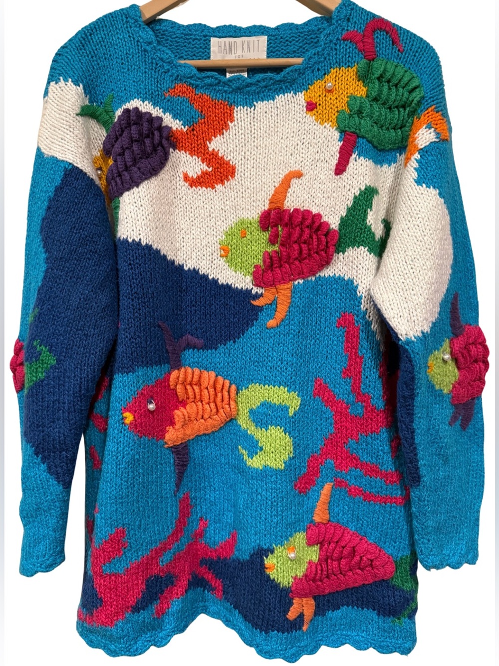 Hand Knit For The Limited Vintage 1990s Ramie Cotton Fish Sweater Novelty M/L
